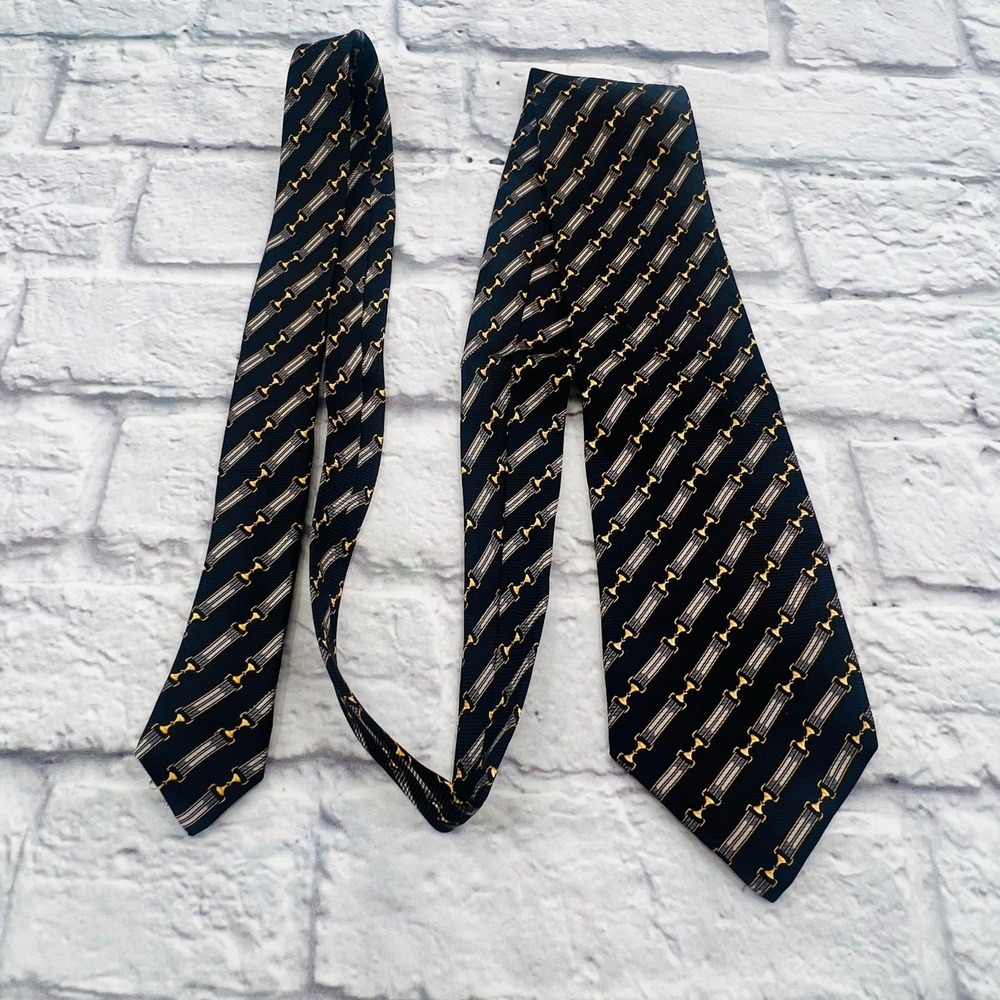 Richel Mens Silk Tie Navy Blue Gold Equestrian Bit Stripe Hand Made in Spain